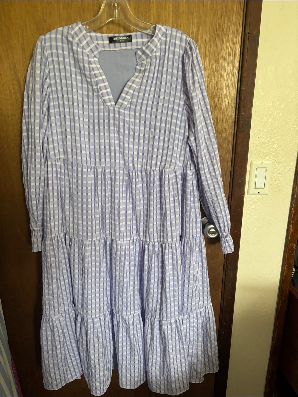 Knoll Lavender Gingham Long-Sleeve Tiered Midi Dress